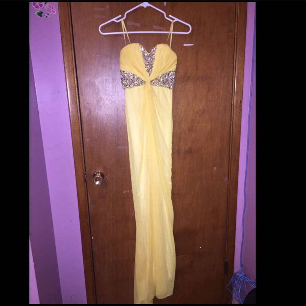 Yellow PROM dress with silver bead accents